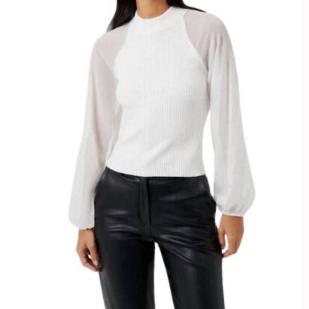 French Connection Ribbed White Blouse With Sheer Sleeves Size Large